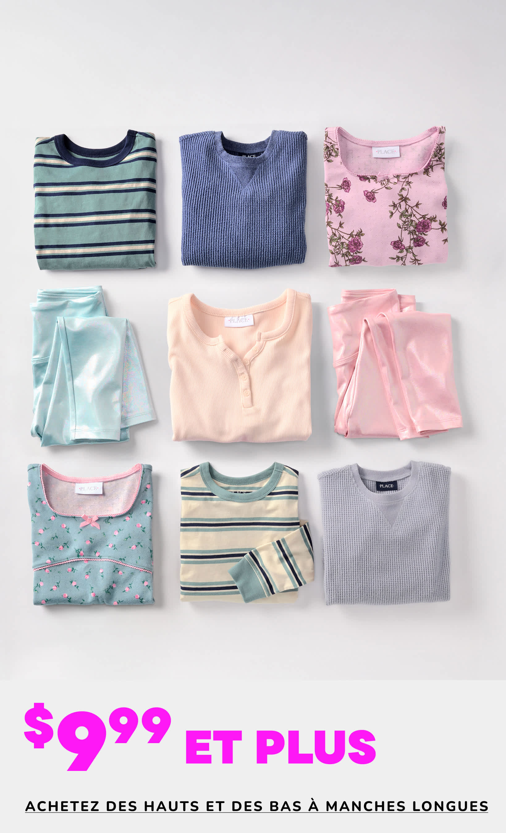 L'image présente une collection de hauts et de bas à manches longues variés, comprenant des vêtements à rayures, à fleurs et unis, disposés sur un fond uni avec une étiquette de prix « 8 $ et plus ».