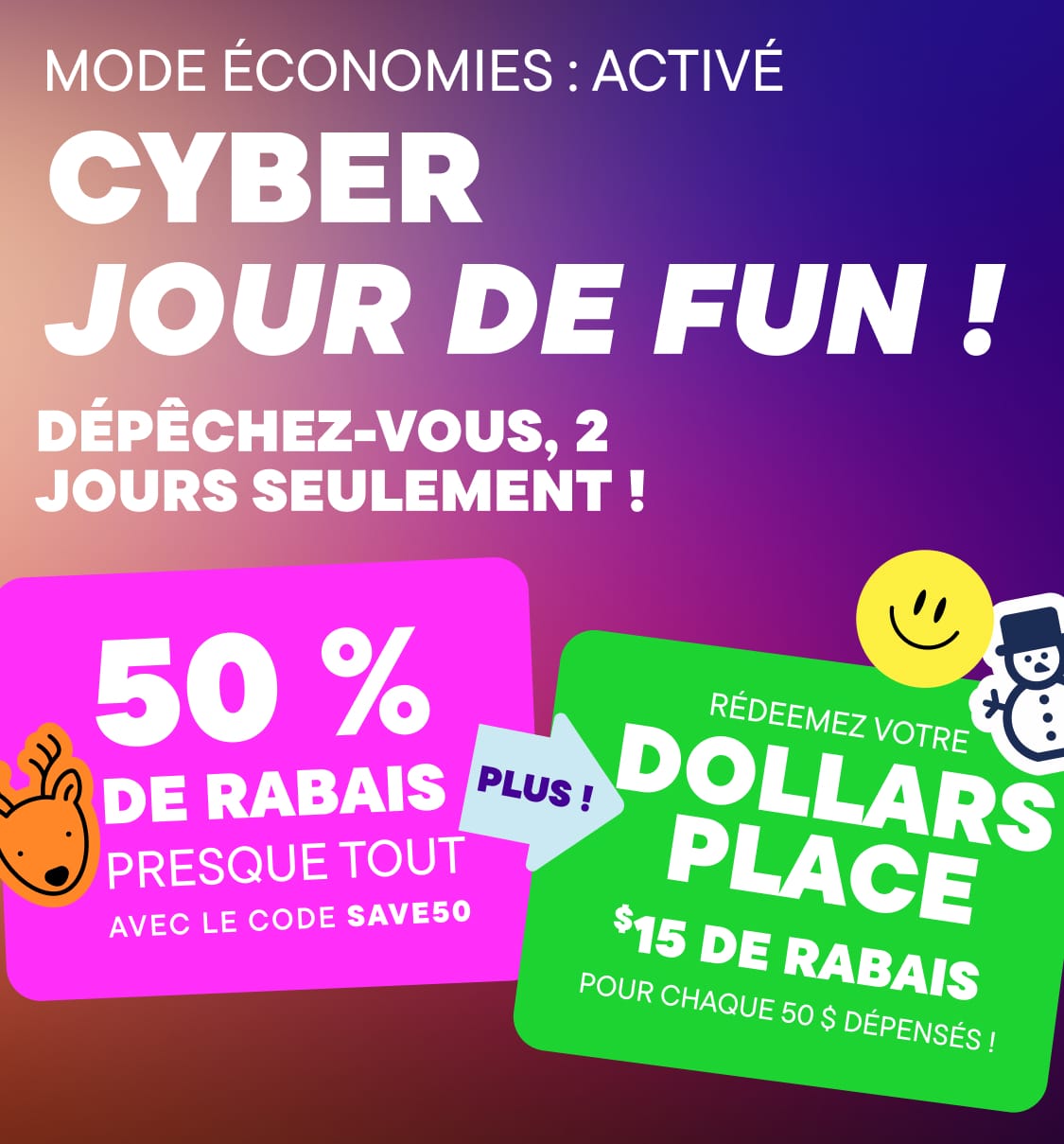 Une image dynamique présentant une grande bannière rose à prix réduit avec une promotion de 50 %, une icône de bonhomme de neige souriant, ainsi que du texte et des graphismes supplémentaires faisant la promotion d'une vente.