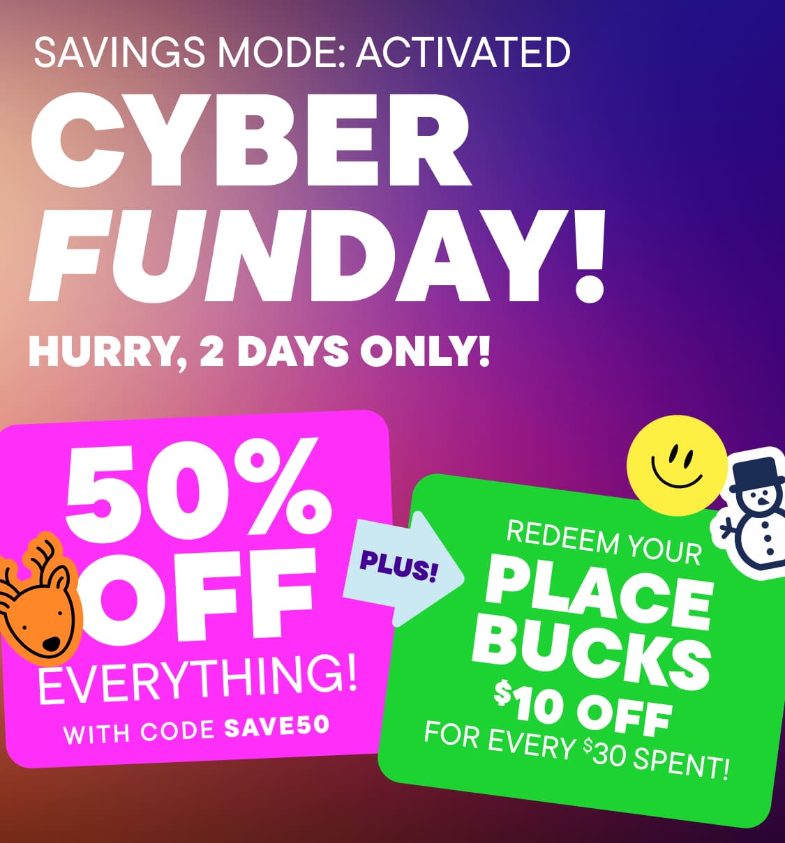 A vibrant and colorful advertisement promoting a 50% off sale on everything, with a smiling snowman icon and various text elements against a gradient background.