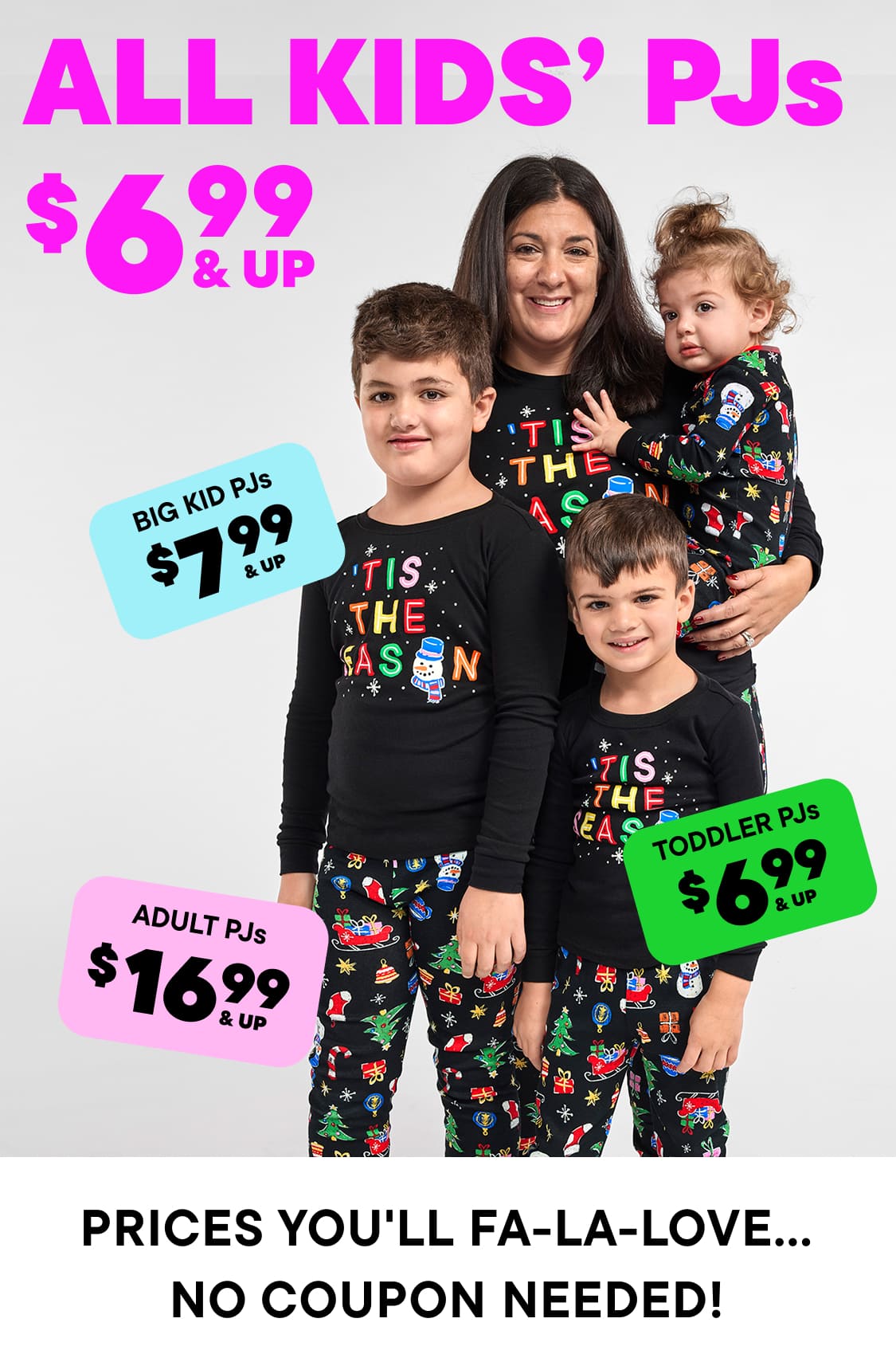The image displays a promotional advertisement for children's and adult pajamas, showcasing various sizes and pricing options.