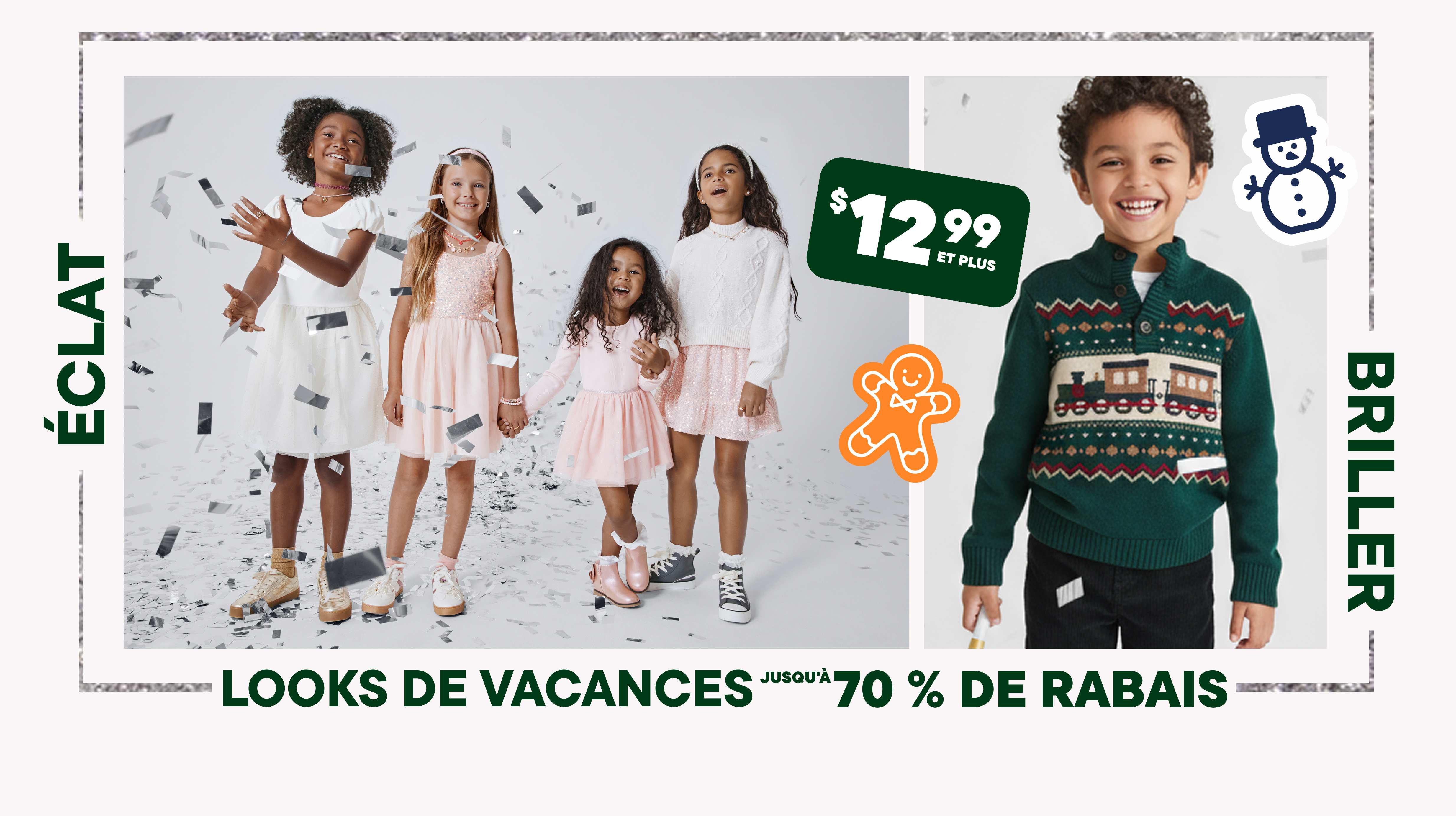 L'image montre un groupe de jeunes filles en robes blanches et roses, debout ensemble dans un décor extérieur enneigé, avec en arrière-plan une publicité sur le thème des fêtes pour des vêtements à prix réduits.