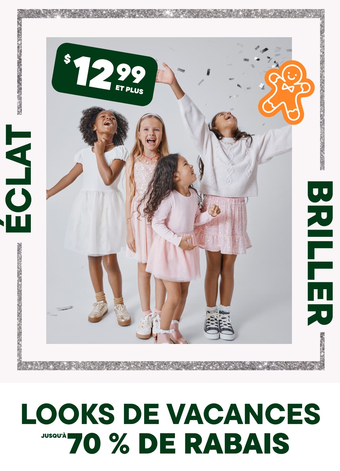 L'image montre un groupe de jeunes filles, probablement des sœurs ou des amies, vêtues de tenues blanches et roses assorties, posant et souriant devant un fond uni avec une publicité sur le thème des fêtes.