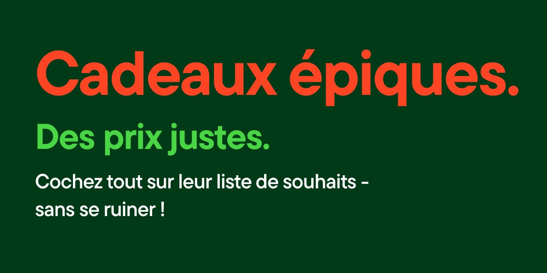 L'image affiche le texte « Cadeaux exceptionnels » en grandes lettres rouges sur fond vert foncé. En dessous, on peut lire « Prix justes » et « Offrez-leur tout ce qu'ils désirent, sans vous ruiner ! »