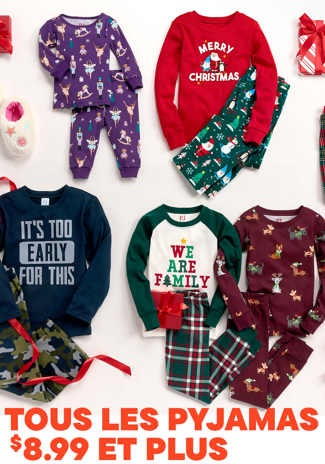 Une présentation éclatante de pyjamas colorés et à motifs variés, notamment à carreaux, à motifs de fêtes et à motifs graphiques, disposés sur un fond blanc.