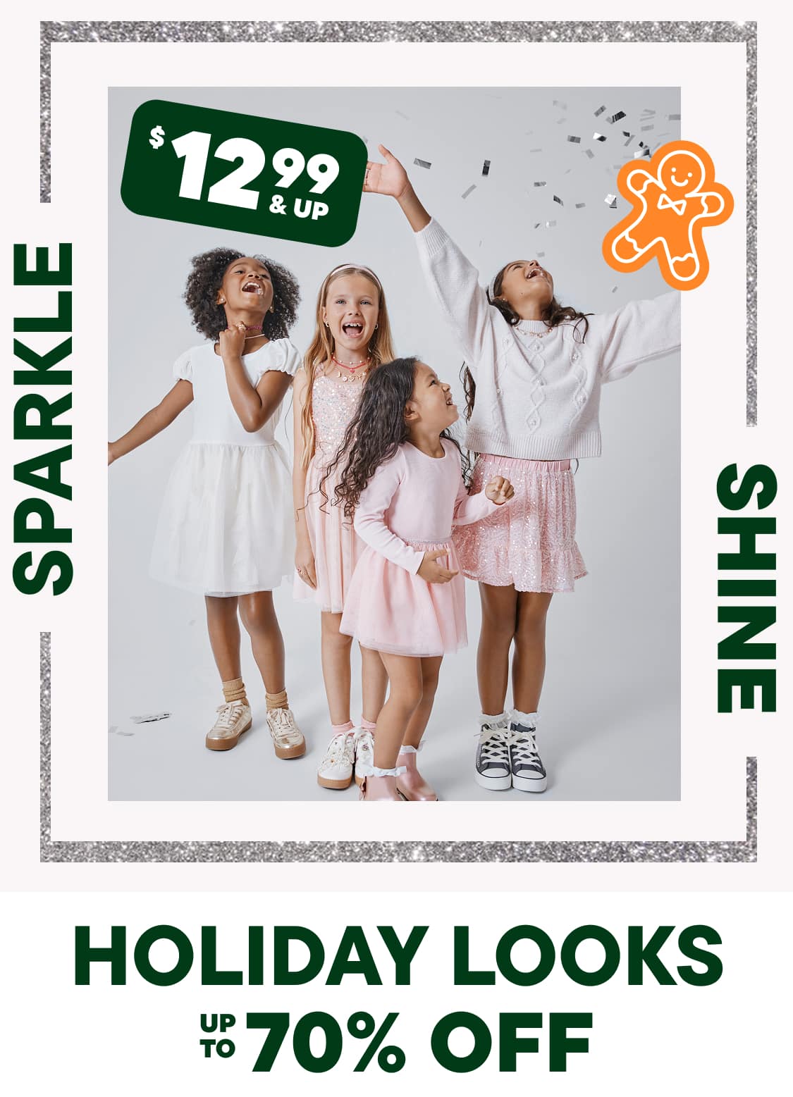 The image features a group of young girls, likely sisters or friends, dressed in coordinating white and pink outfits, posing and smiling against a plain background with a holiday-themed advertisement.