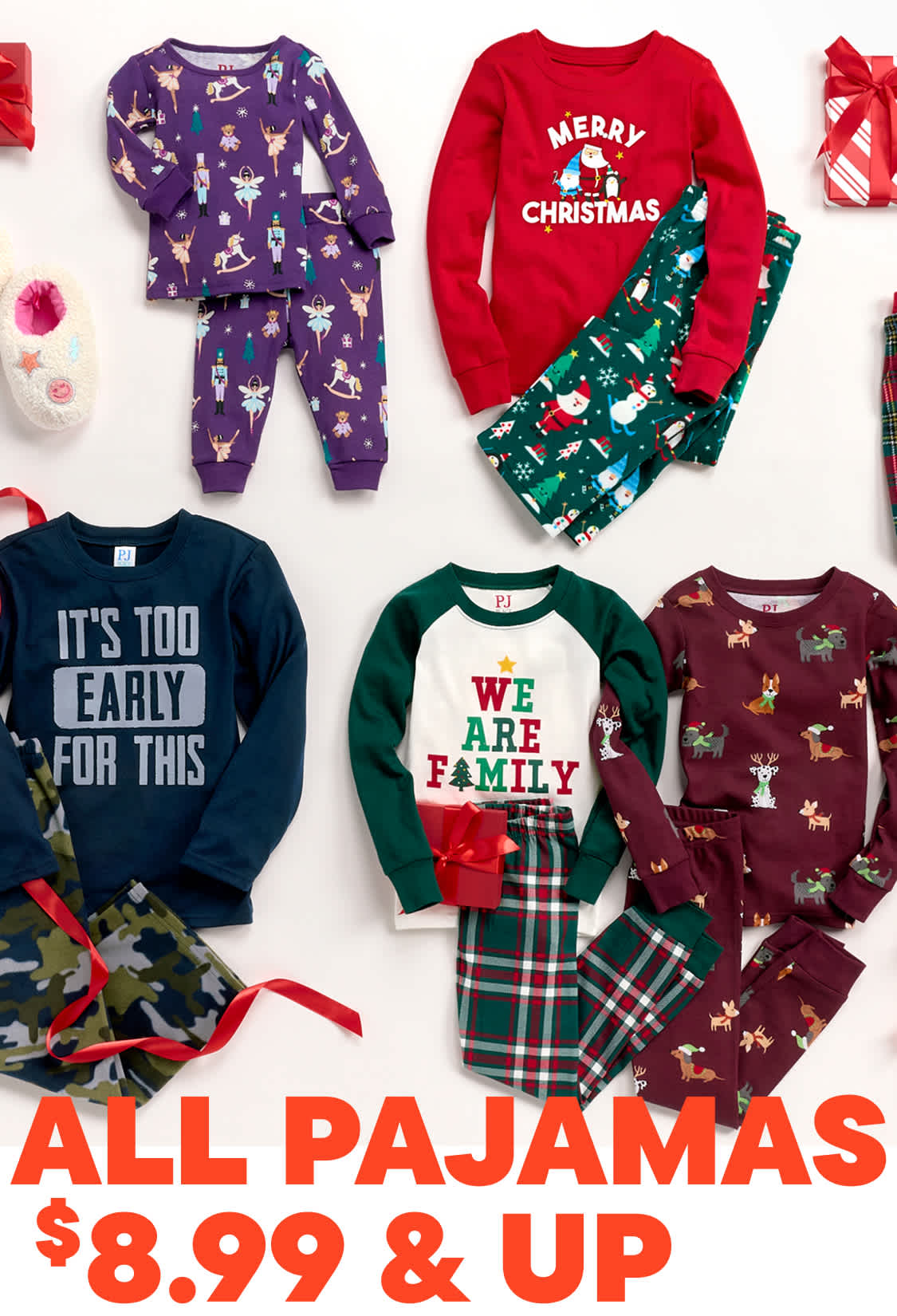 A vibrant display of various colorful and patterned pajamas, including plaid, holiday-themed, and graphic designs, arranged on a white background.