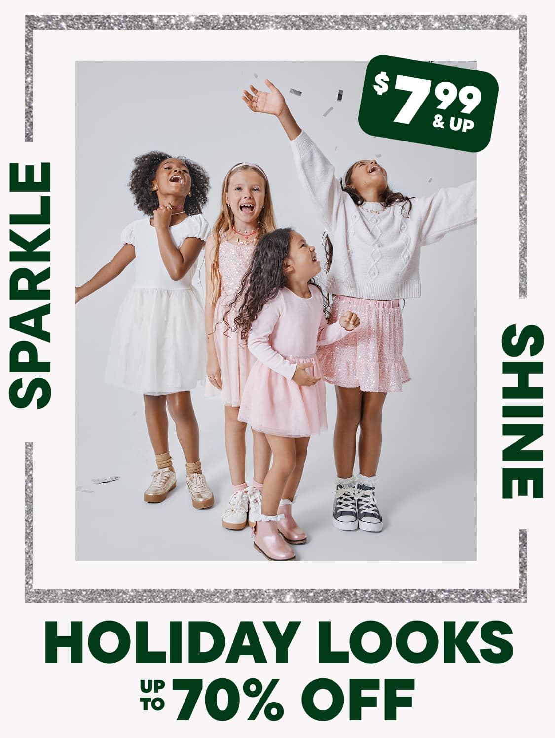 The image features a group of young girls wearing various pastel-colored dresses and posing with their arms raised, showcasing a holiday-themed advertisement with a 70% off discount.