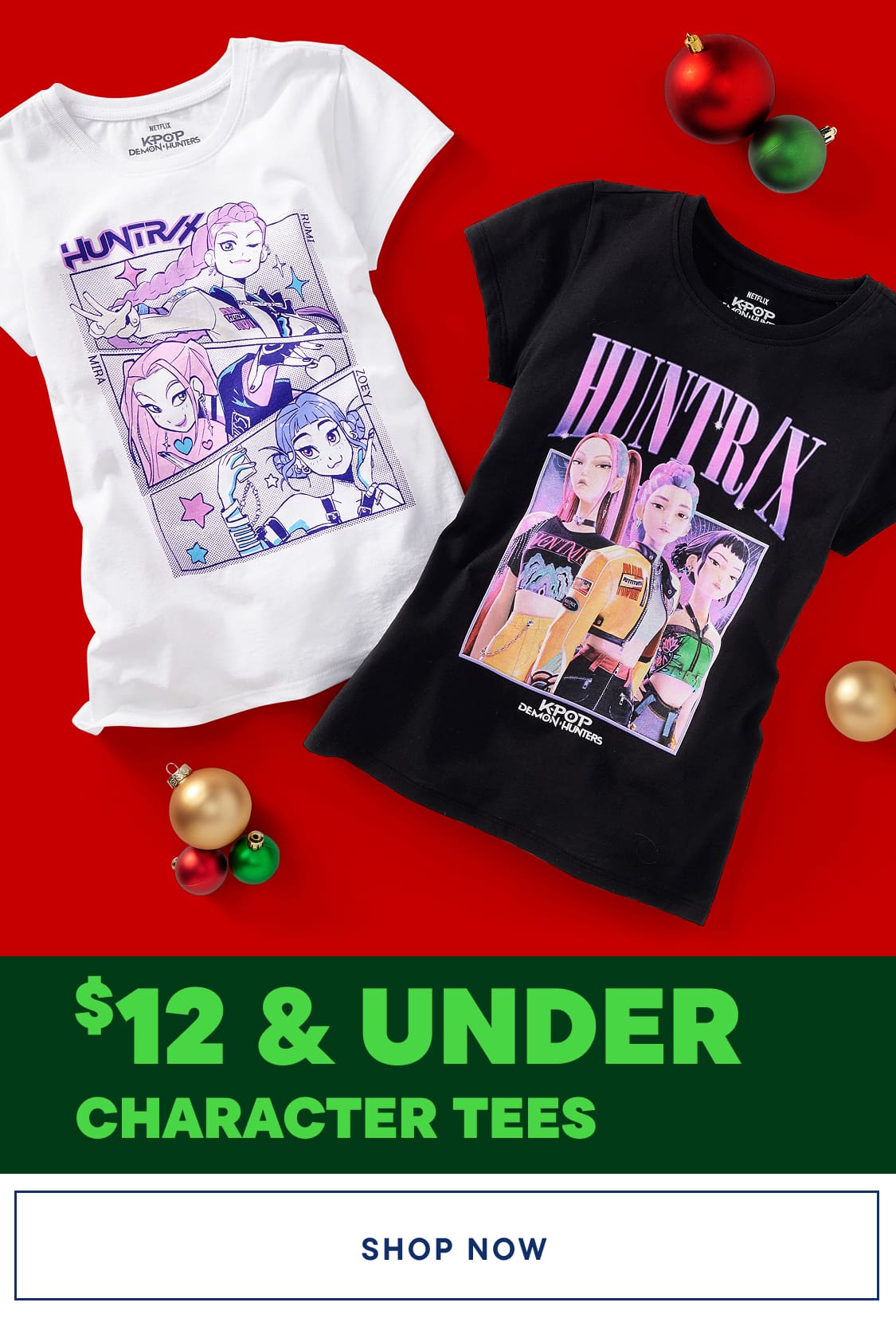 The image shows two character t-shirts featuring anime-style illustrations, set against a vibrant red background with decorative ornaments.