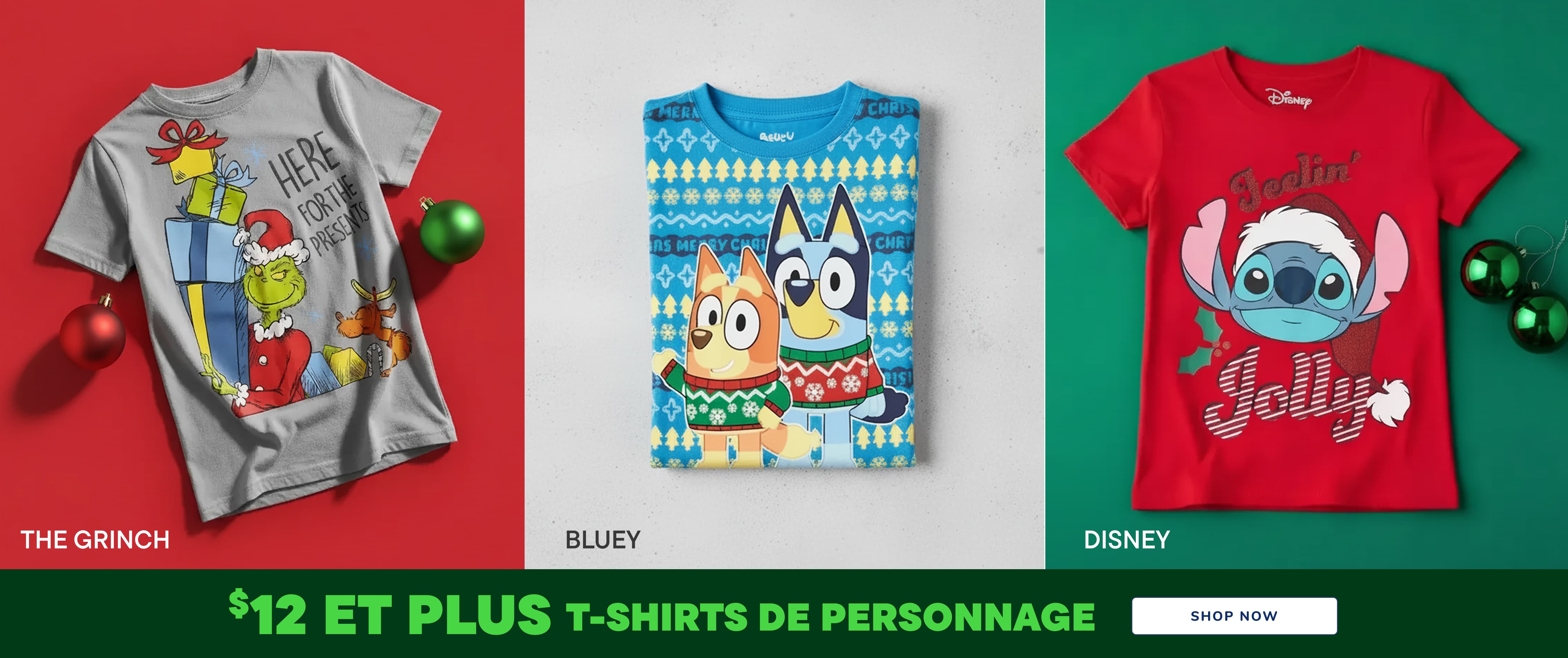 L'image présente une collection de t-shirts à l'effigie de personnages Disney, dont un modèle inspiré du Grinch, un autre sur le thème de Bluey et un troisième sur le thème de Stitch, le tout sur un fond rouge, blanc et vert éclatant.