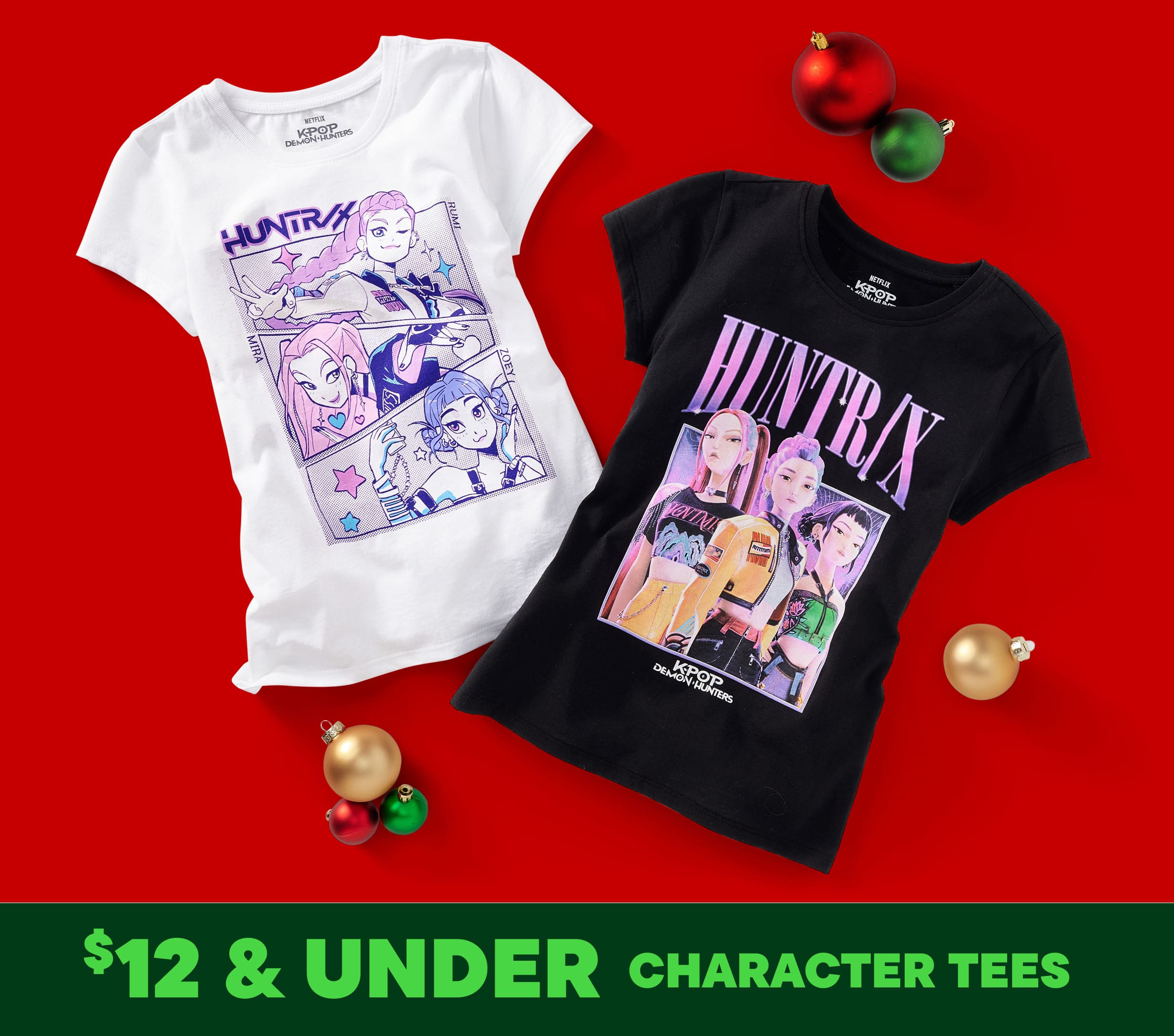 Two character t-shirts featuring a purple and white design with various characters, set against a red background with Christmas ornaments.