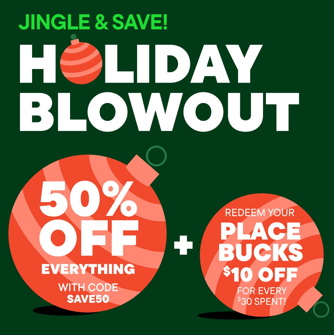 A vibrant green background with a large, red oval-shaped object prominently displayed, featuring the text "50% OFF EVERYTHING" and "WITH CODE SAVE50".