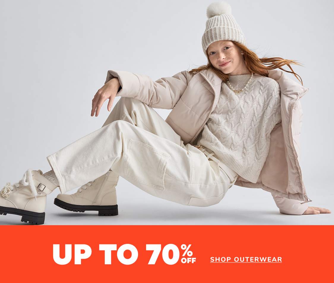 A young woman wearing a beige puffer jacket and a white knit hat stands in front of a plain white background, with a "Up to 70% off" sale promotion displayed above her.