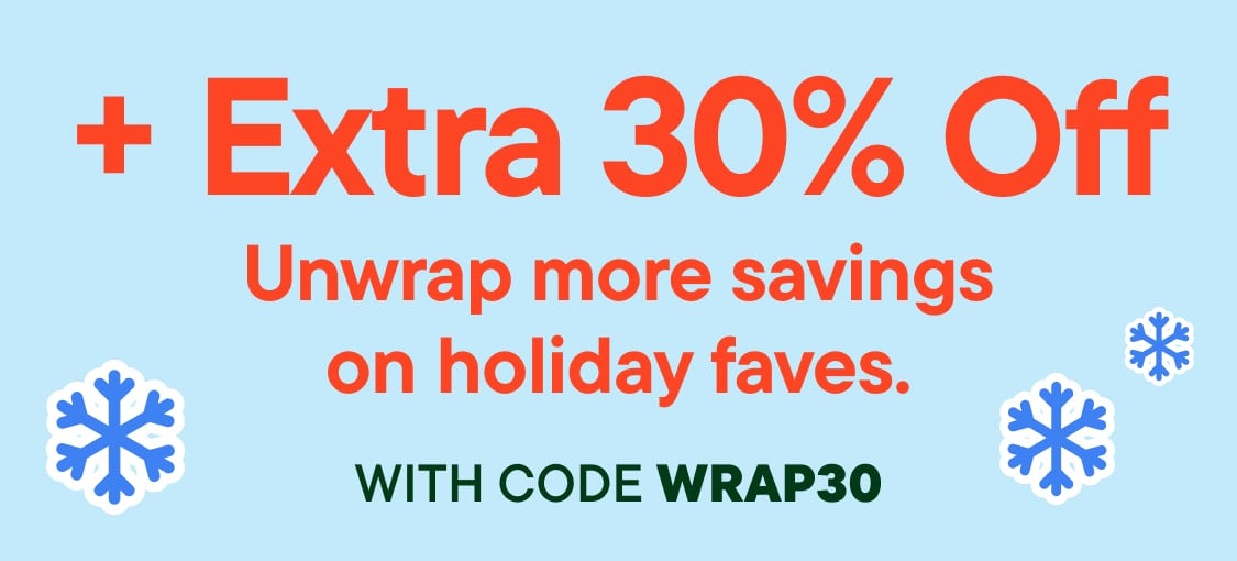 The image features large, bold red text displaying the percentage "+ Extra 30% Off Unwrap more savings on holiday faves. WITH CODE WRAP30" against a light blue background.