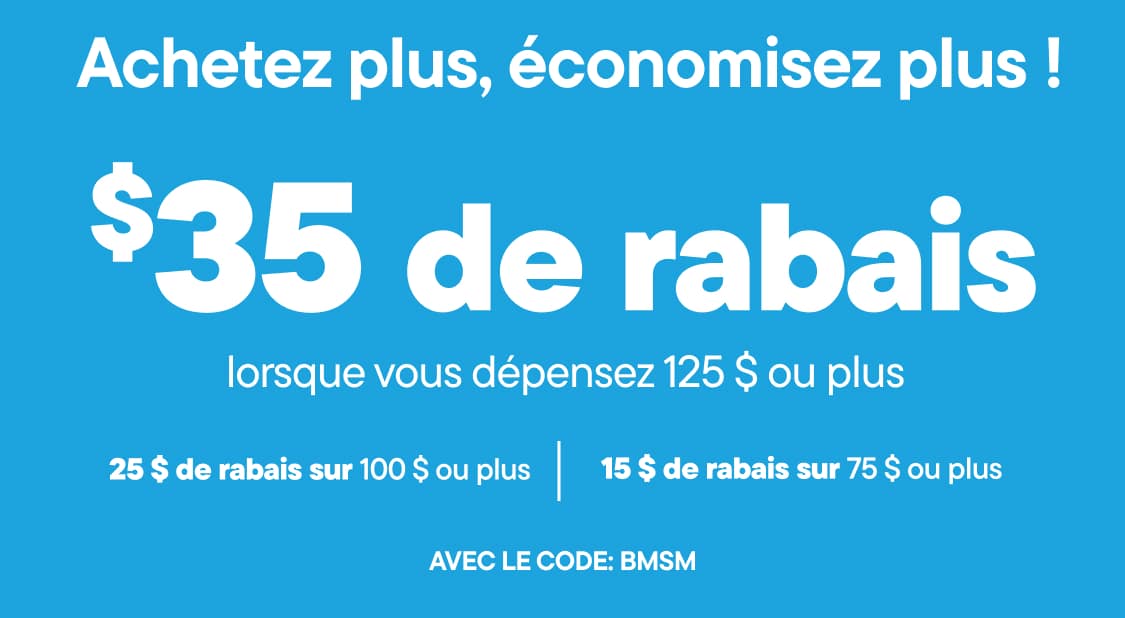 The image displays the text "Buy More,Save More! use code BMSM. $35 off when you spend $120+ $25 off when you spend $100+ $15 off when you spend $75+" against a bright blue background.