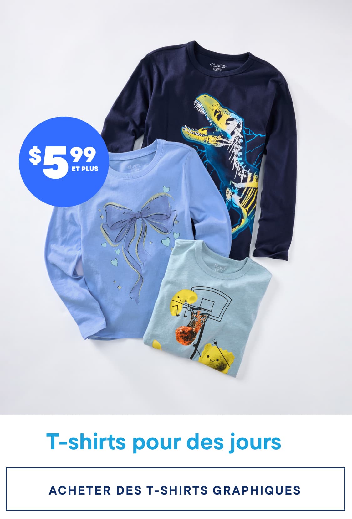 The image displays a collection of graphic t-shirts in various colors and designs, including a navy blue shirt with a dinosaur motif and a light blue shirt with a bow design, against a plain white background.