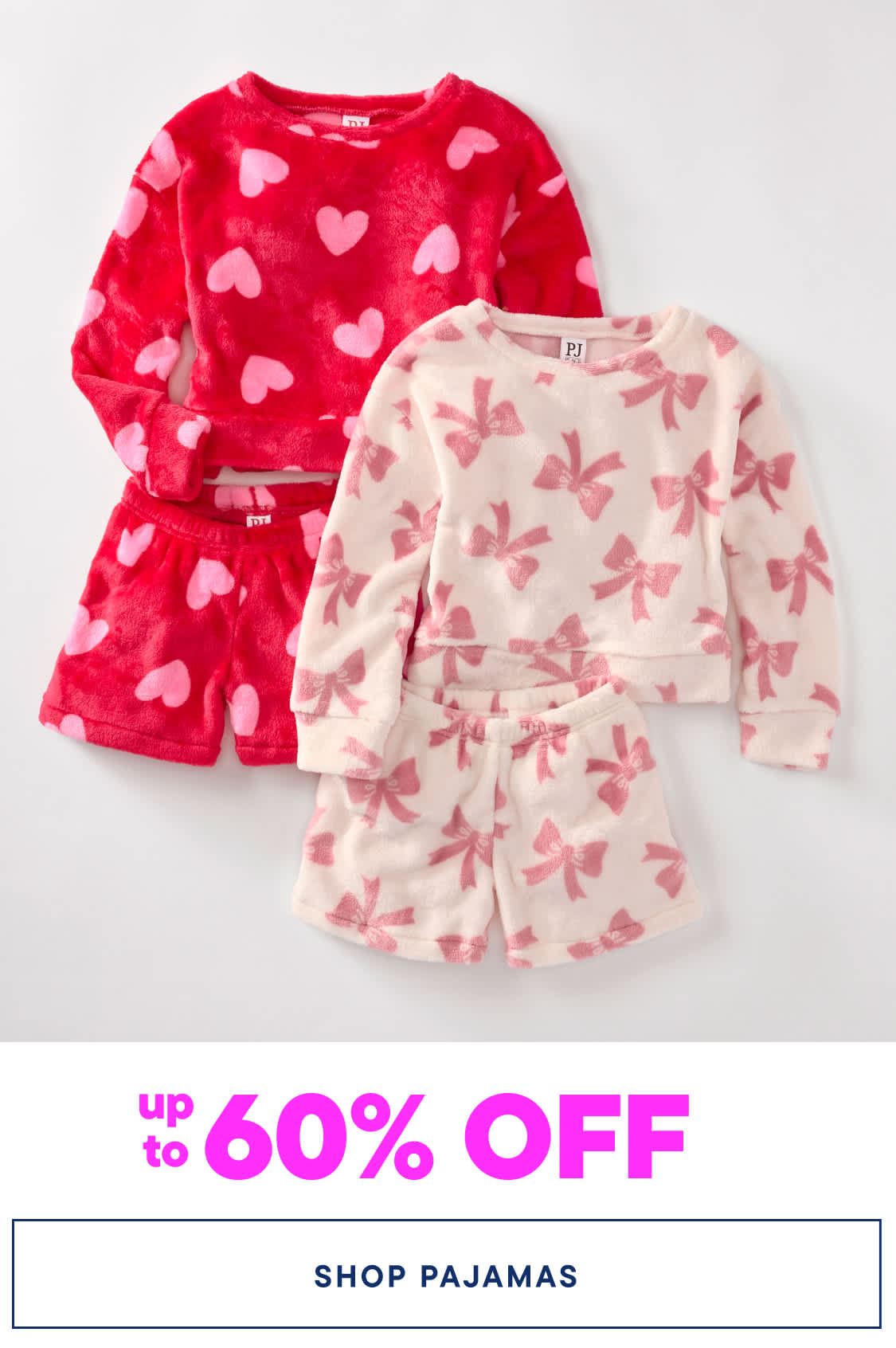 Two colorful pajama sets featuring heart and bow patterns on a plain background, with a promotional offer of up to 60% off displayed below.