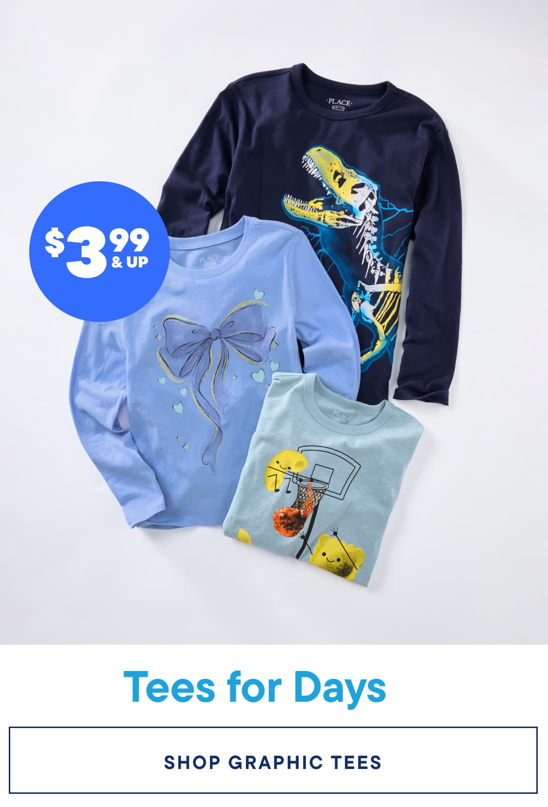 The image displays a collection of graphic t-shirts in various colors and designs, including a navy blue shirt with a dinosaur motif and a light blue shirt with a bow design, against a plain white background.