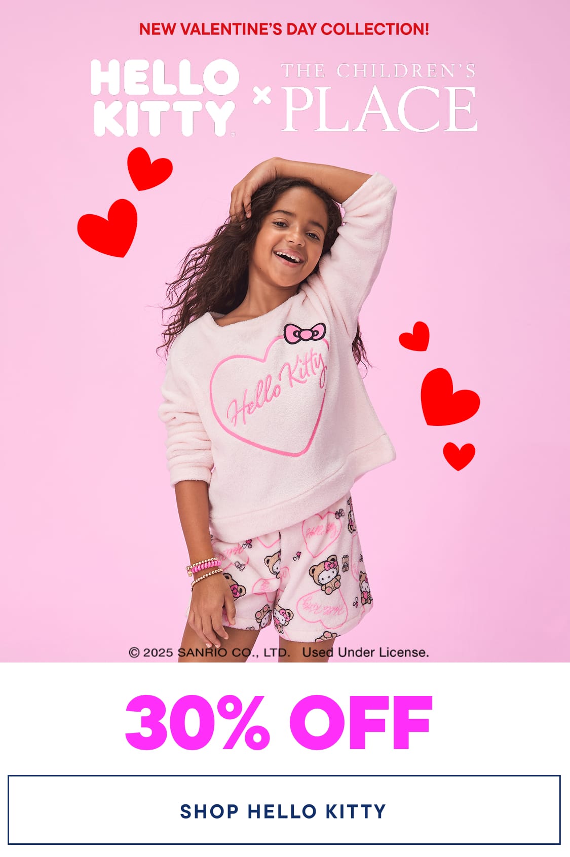 The image features a young woman wearing a white sweater with a Hello Kitty heart design, smiling and posing against a pink background with red heart shapes.