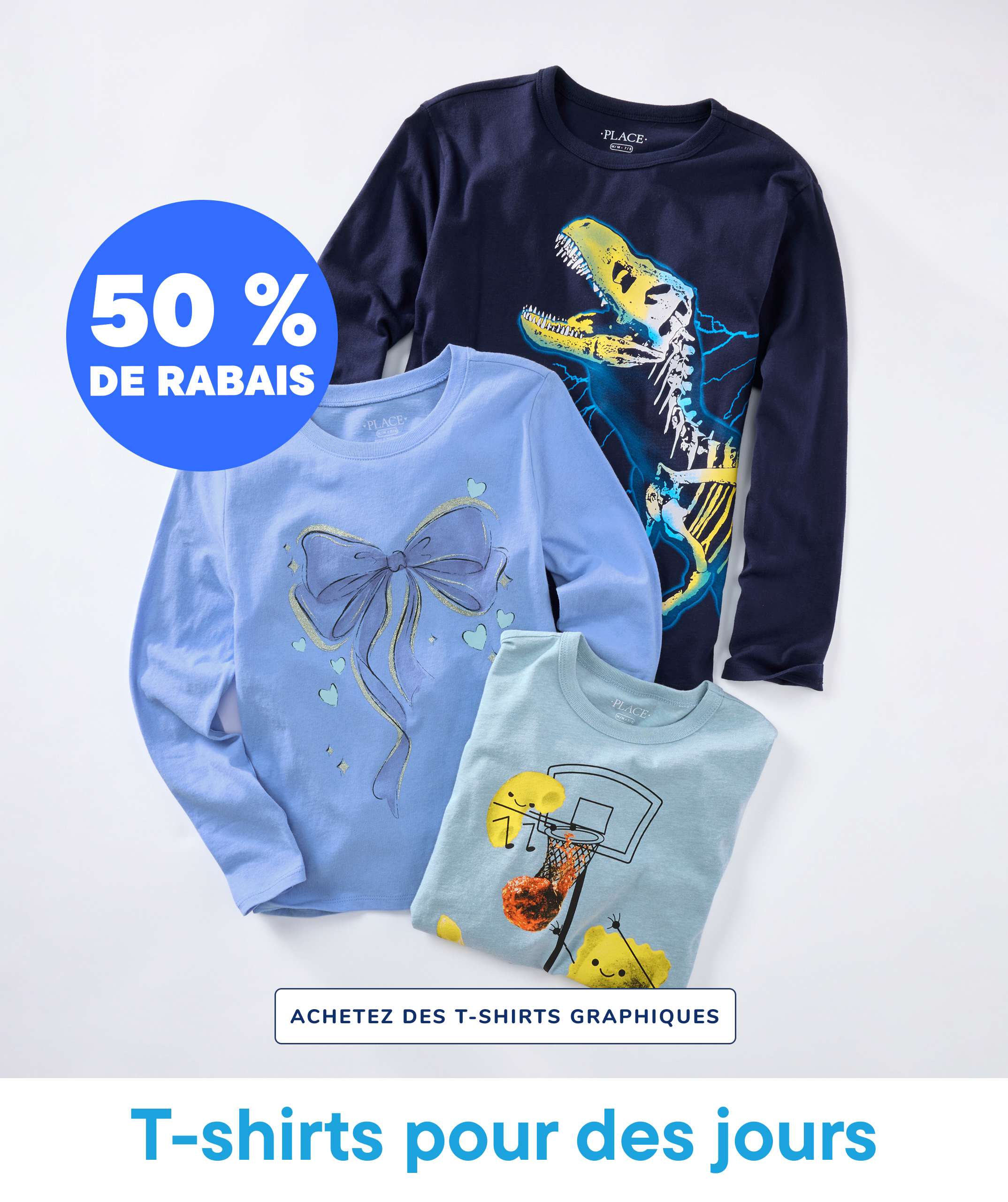 The image displays a collection of graphic t-shirts, including a navy blue shirt with a colorful dinosaur design, a light blue shirt with a bow pattern, and a light green shirt with a basketball hoop design. The shirts are arranged on a plain white background with a price tag indicating "$4.99 & up" for the graphic tees.