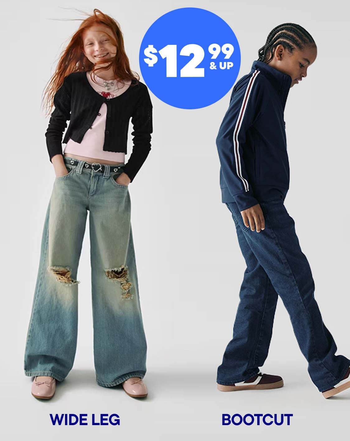 The image features two individuals, one wearing wide-leg jeans and the other wearing bootcut jeans, with a price tag of $12.99 displayed prominently in the background.