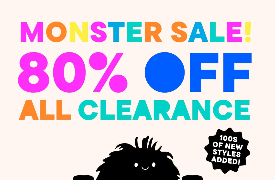 The image displays a vibrant "Monster Sale" advertisement with large text announcing an 80% discount on all clearance items, set against a plain background.
