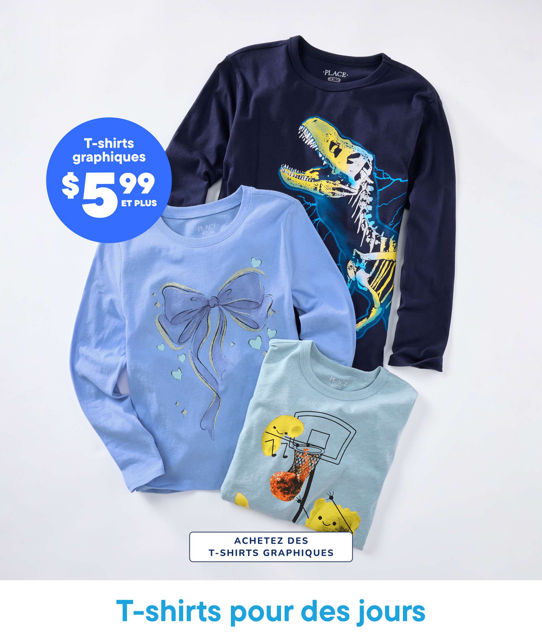 The image displays a collection of graphic t-shirts, including a navy blue shirt with a colorful dinosaur design, a light blue shirt with a bow pattern, and a light green shirt with a basketball hoop design. The shirts are arranged on a plain white background with a price tag indicating "$5.99 & up" for the graphic tees.