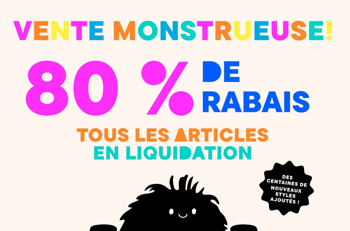 The image displays a vibrant "Monster Sale" advertisement with large text announcing an 80% discount on all clearance items, set against a plain background.