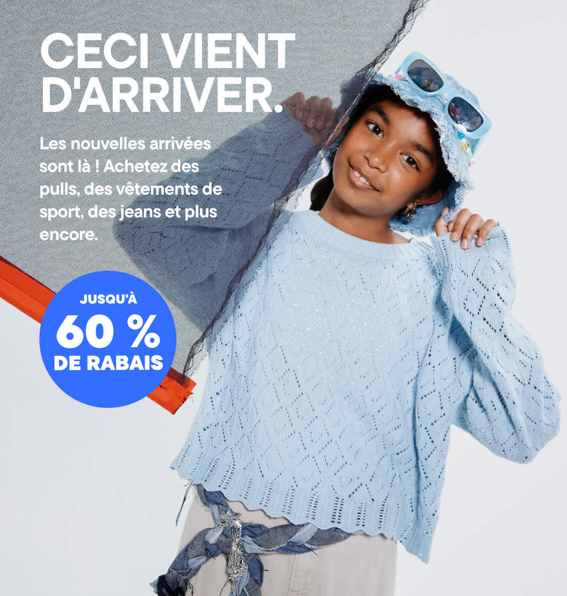 The image features three young individuals, two females and one male, posing in casual clothing against a backdrop promoting a retail sale event.