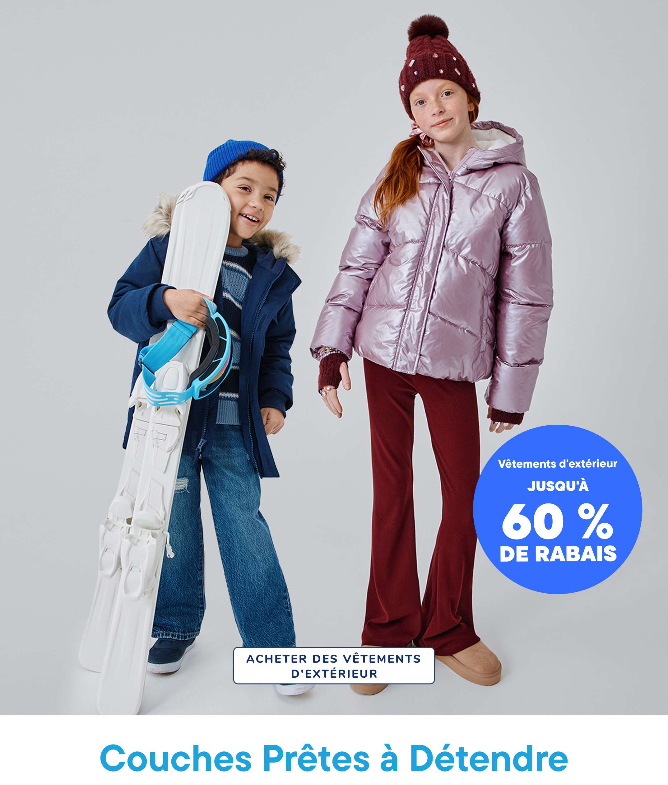 Two young girls wearing winter outfits and holding skis, with a large "XX% OFF" text overlay and a "SHOP OUTERWEAR" call-to-action in the background.