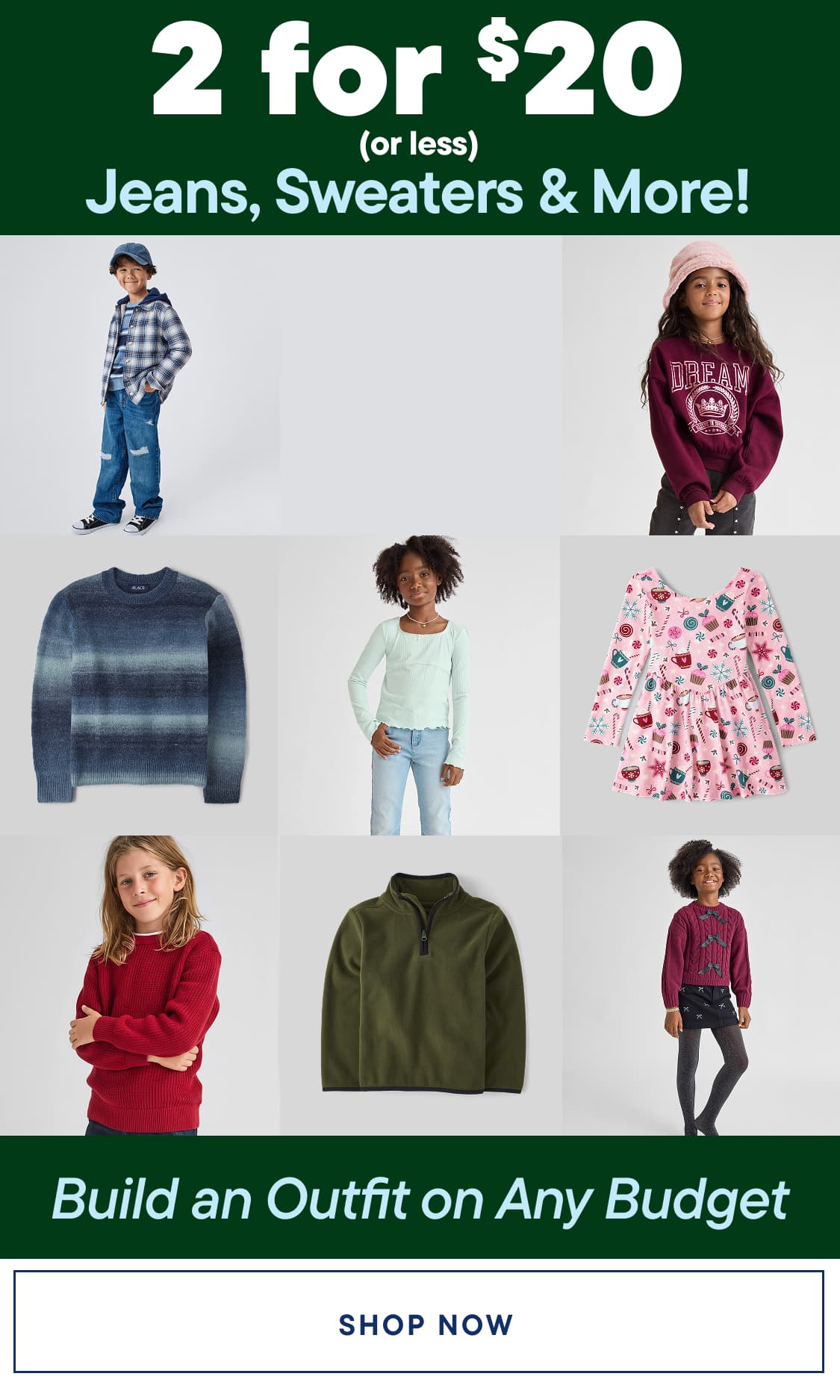 The image displays a collage of various clothing items, including jeans, tops, and other apparel, with a promotional message offering a deal on these items.