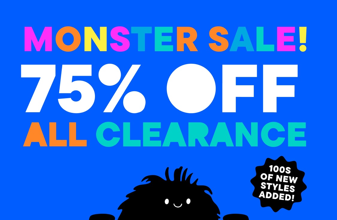 The image displays a vibrant "Monster Sale" advertisement with large text announcing an 75% discount on all clearance items, set against a plain background.