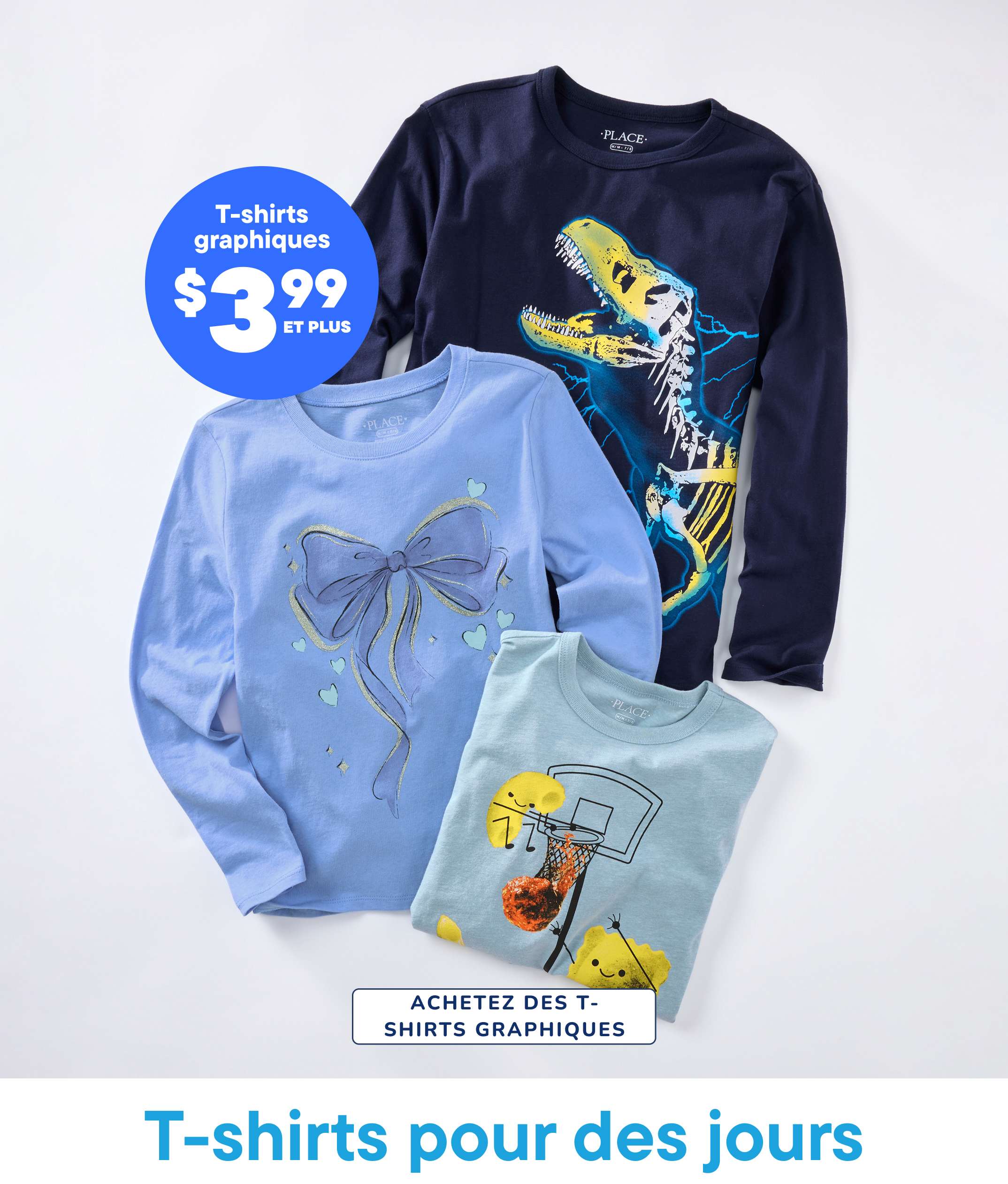 The image displays a collection of graphic t-shirts, including a navy blue shirt with a colorful dinosaur design, a light blue shirt with a bow pattern, and a light green shirt with a basketball hoop design. The shirts are arranged on a plain white background with a price tag indicating "$3.99 & up" for the graphic tees.