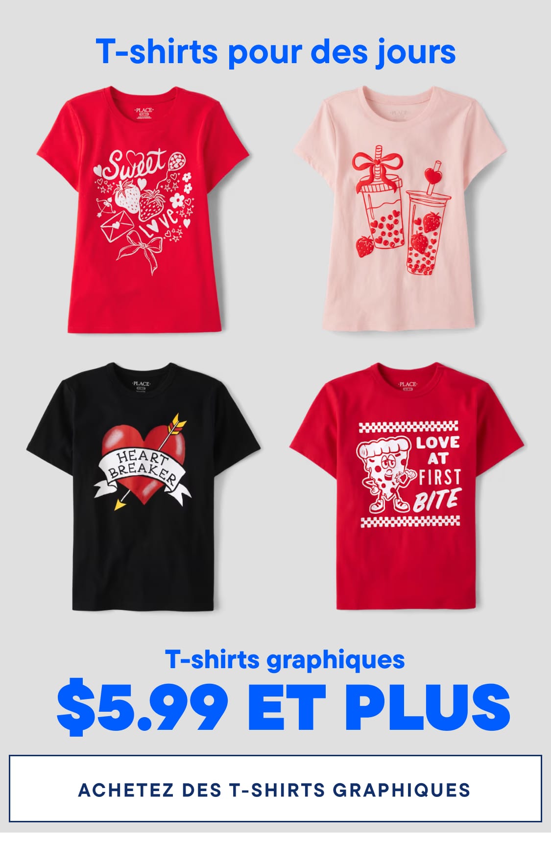 L'image présente une collection de t-shirts graphiques aux motifs variés, notamment des cœurs, des ours et des textes, le tout dans des couleurs vives comme le rouge, le rose et le noir. Les t-shirts sont présentés sur un fond uni, avec une étiquette de prix indiquant qu'ils sont disponibles à partir de 5,99 $.