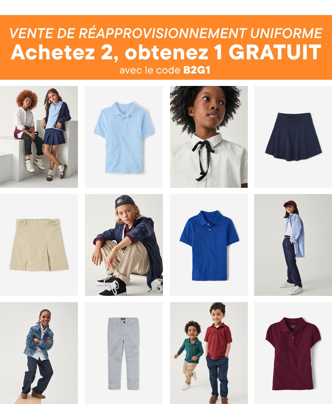 The image displays a collage of various clothing items, including dresses, shirts, pants, and coats, against a plain orange background. The clothing items appear to be part of a uniform stock-up sale promotion, with the text "UNIFORM STOCK-UP SALE Buy 2, Get 1 FREE" prominently displayed.