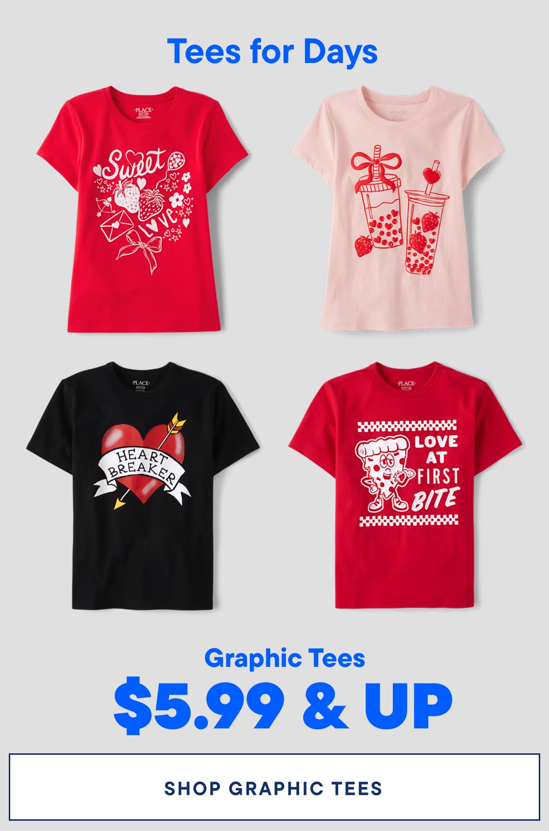 The image displays a collection of graphic t-shirts featuring various designs, including hearts, bears, and text, all in vibrant colors such as red, pink, and black. The shirts are presented against a plain background, with a price tag indicating that the graphic tees are available for $5.99 and up.