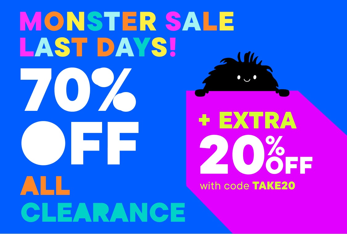 The image displays a vibrant blue background with colorful text announcing a "MONSTER SALE LAST DAYS!" promotion, featuring a 70% OFF CLEARANCE offer and an additional 20% discount with a code TAKE20.