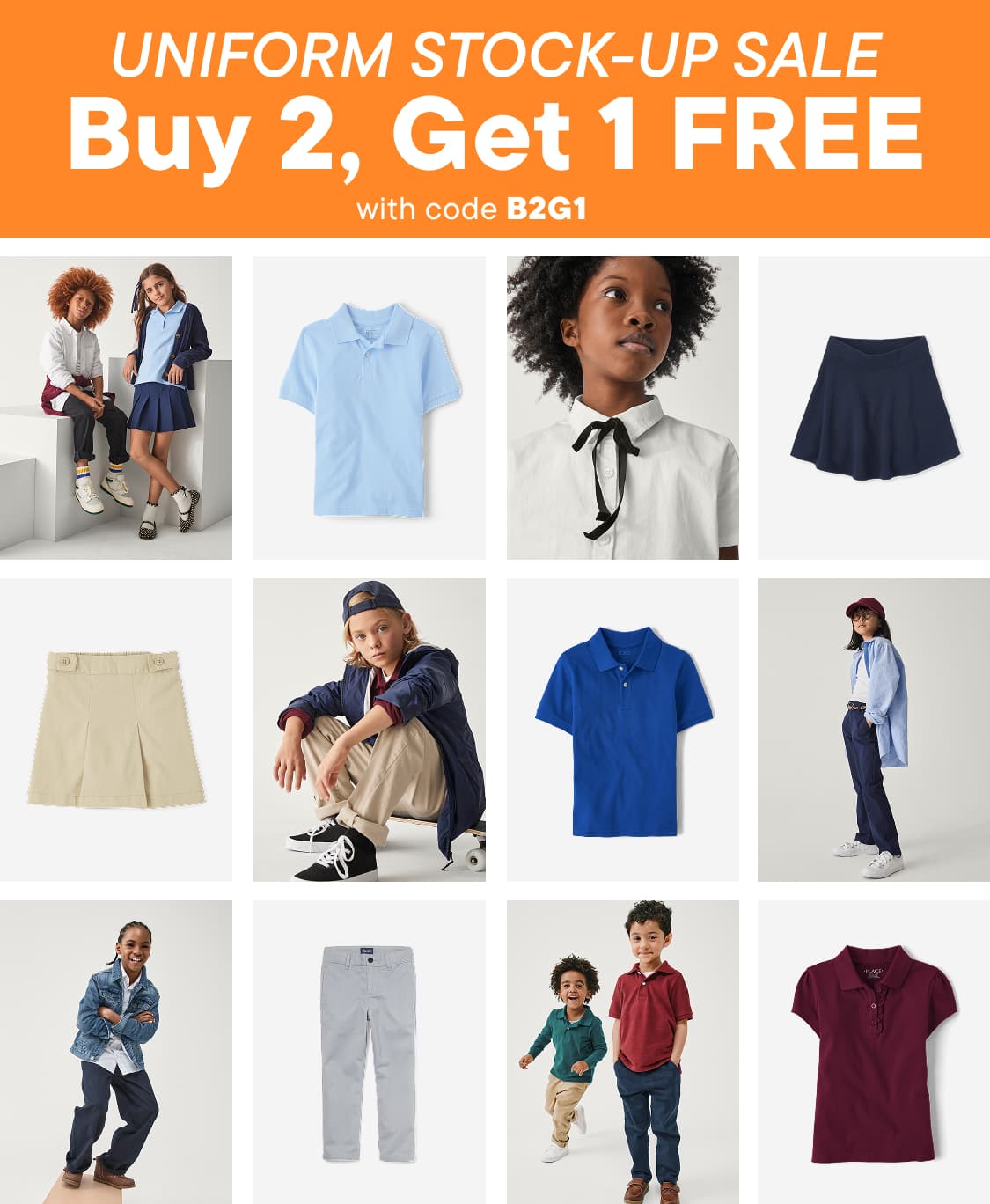 The image displays a collage of various clothing items, including dresses, shirts, pants, and coats, against a plain orange background. The clothing items appear to be part of a uniform stock-up sale promotion, with the text "UNIFORM STOCK-UP SALE Buy 2, Get 1 FREE" prominently displayed.