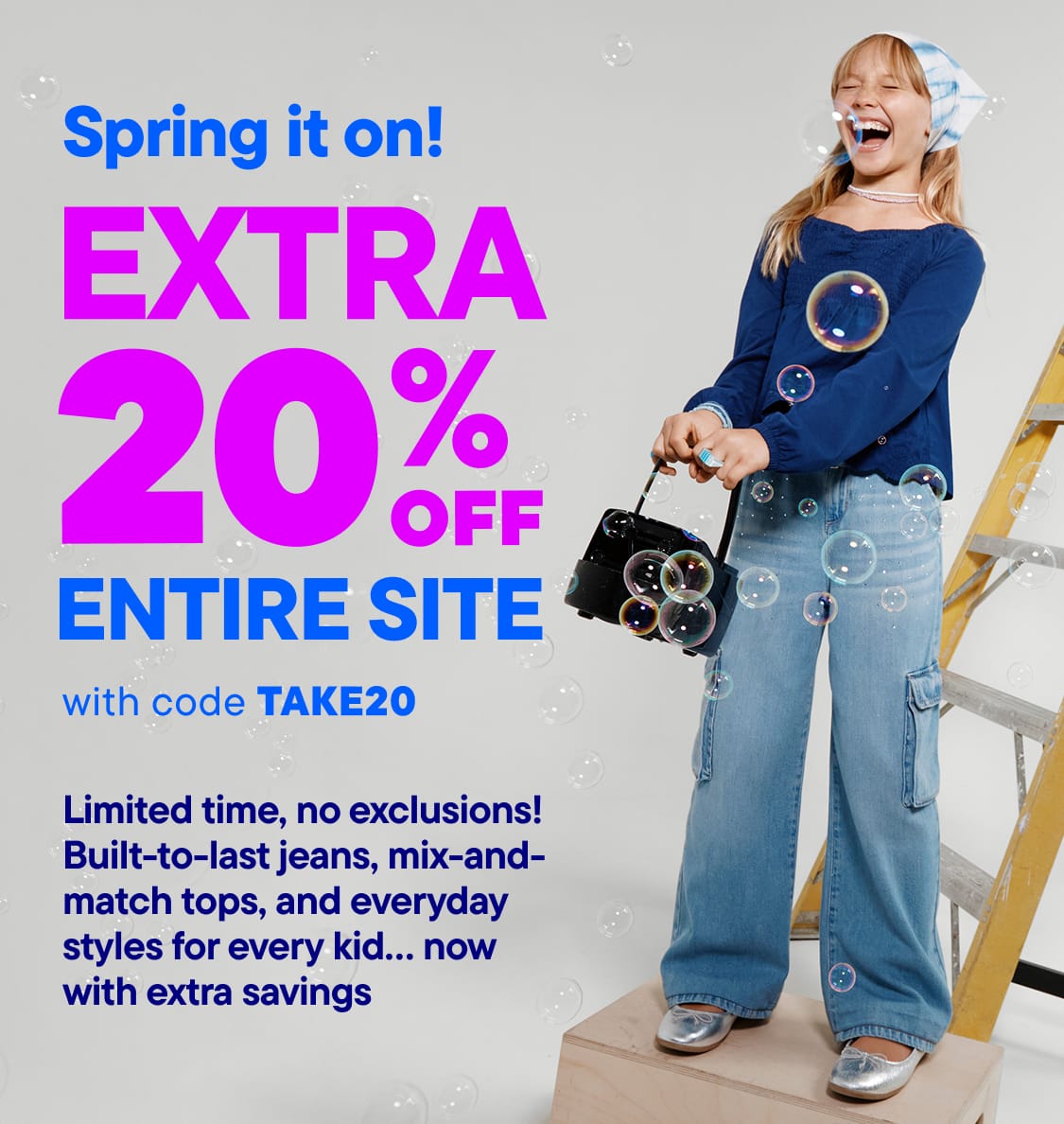 The image features two young women modeling fashionable clothing, with a promotional message for an extra 20% off the entire site using the code "TAKE20".