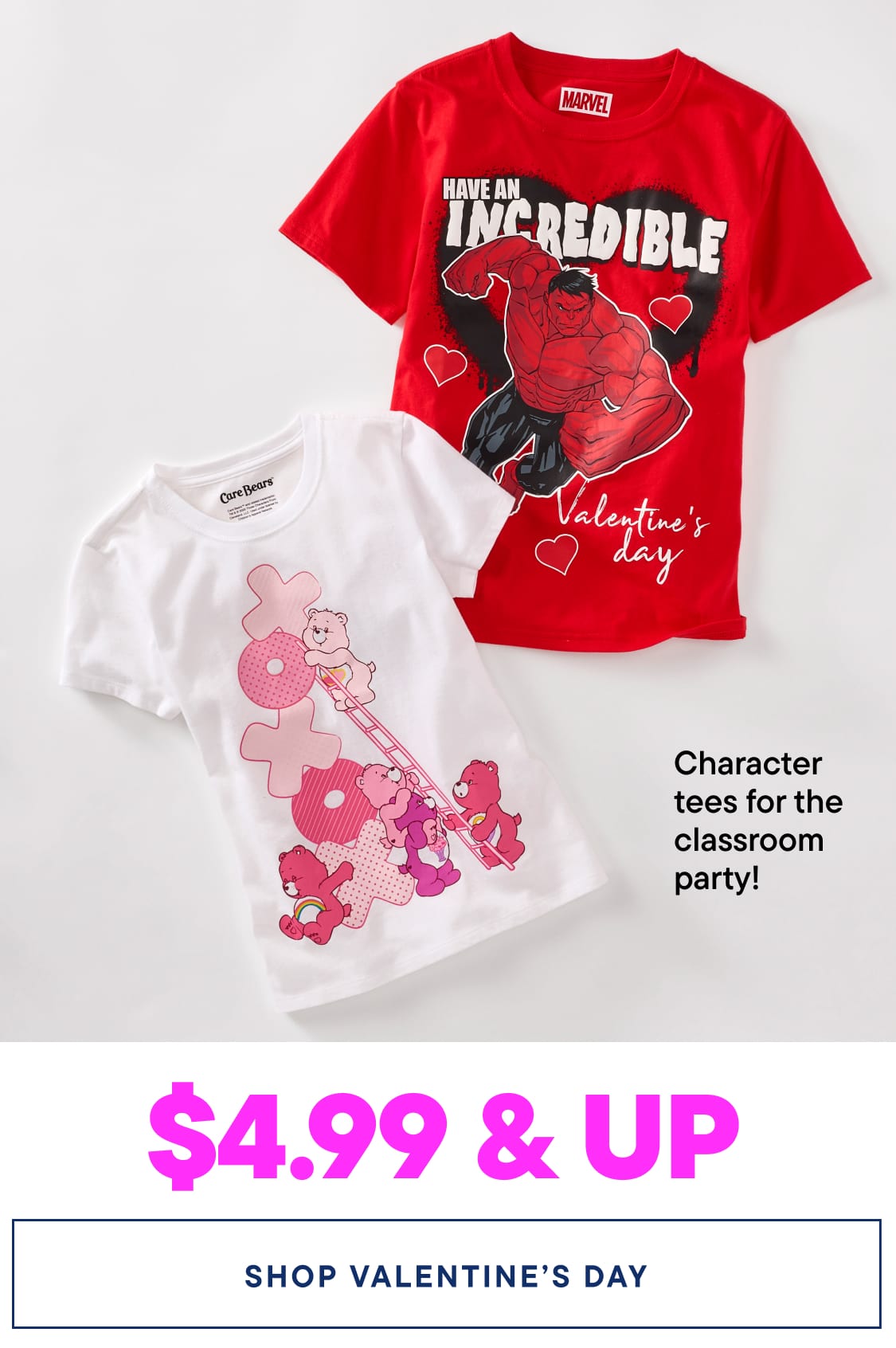 The image displays two red and white t-shirts featuring cartoon characters and Valentine's Day-themed designs, along with a price tag indicating they are available for $4.99 and up.