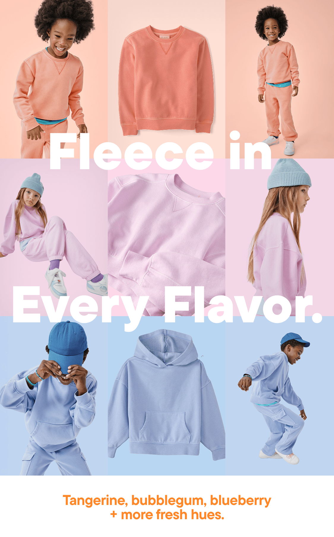 The image features various colorful fleece clothing items, including sweatshirts and pants, against a pastel-colored background, with a promotional message for a 30% discount on "Fleece in Every Flavor".