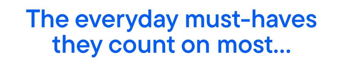 The image displays the text "The everyday must-haves they count on most…" in large blue letters against a white background.
