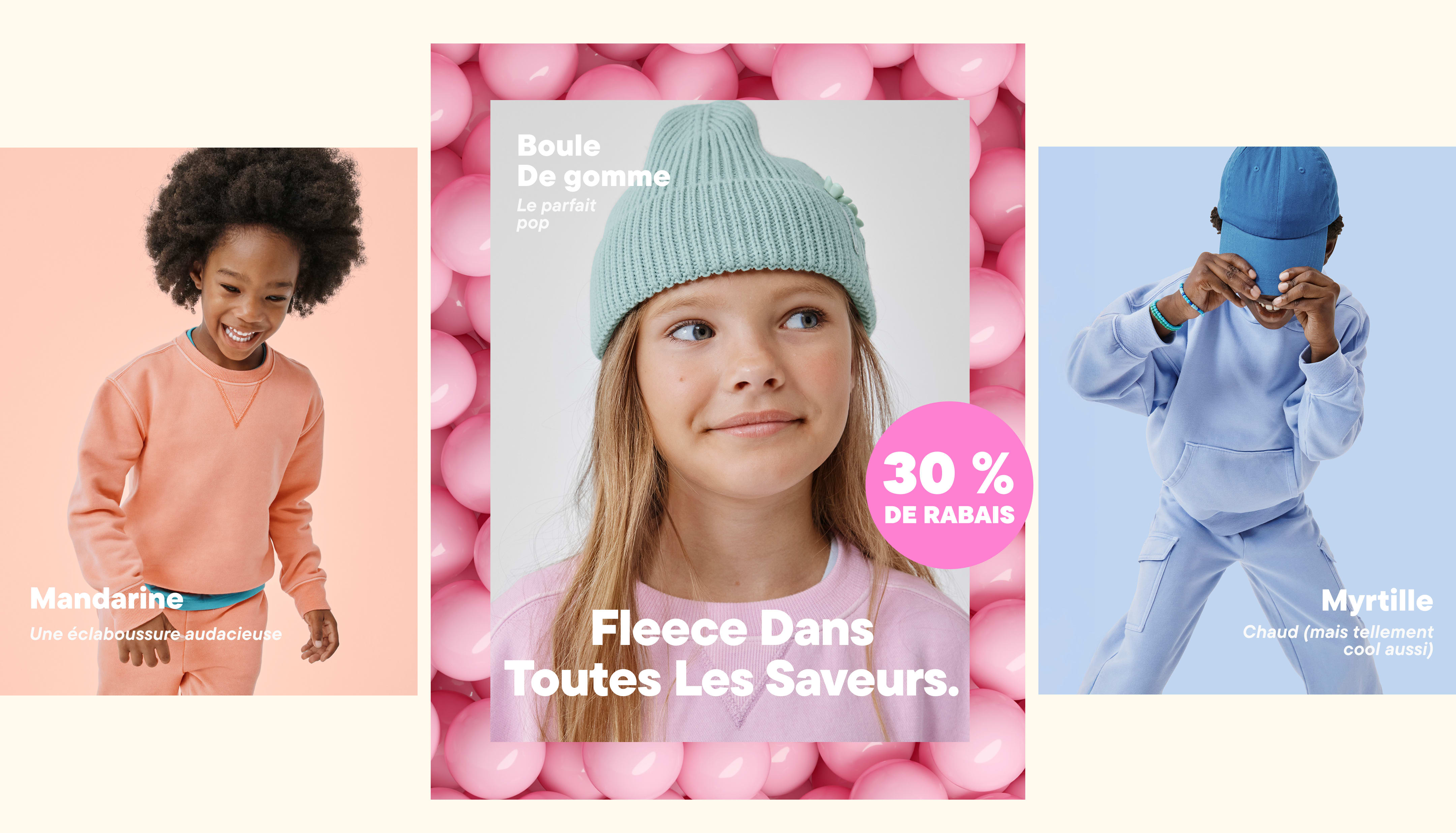 L'image présente trois personnes portant des vêtements et accessoires colorés, avec au centre une personne portant un bonnet gris tricoté sur fond rose, faisant la promotion de « La polaire sous toutes ses formes ».