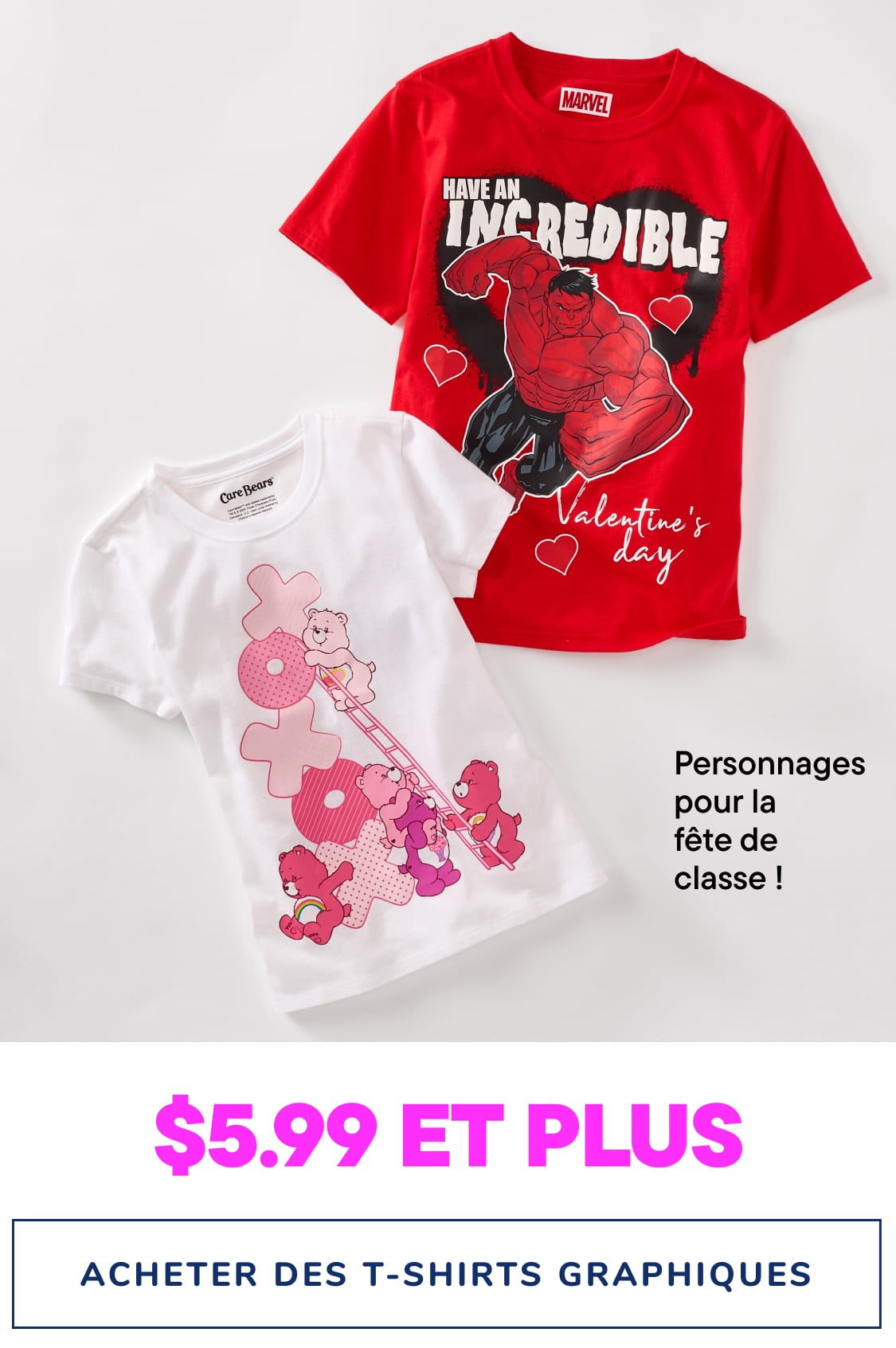 L'image montre deux t-shirts rouges et blancs ornés de personnages de dessins animés et de motifs sur le thème de la Saint-Valentin, ainsi qu'une étiquette de prix indiquant qu'ils sont disponibles à partir de 4,99 $.