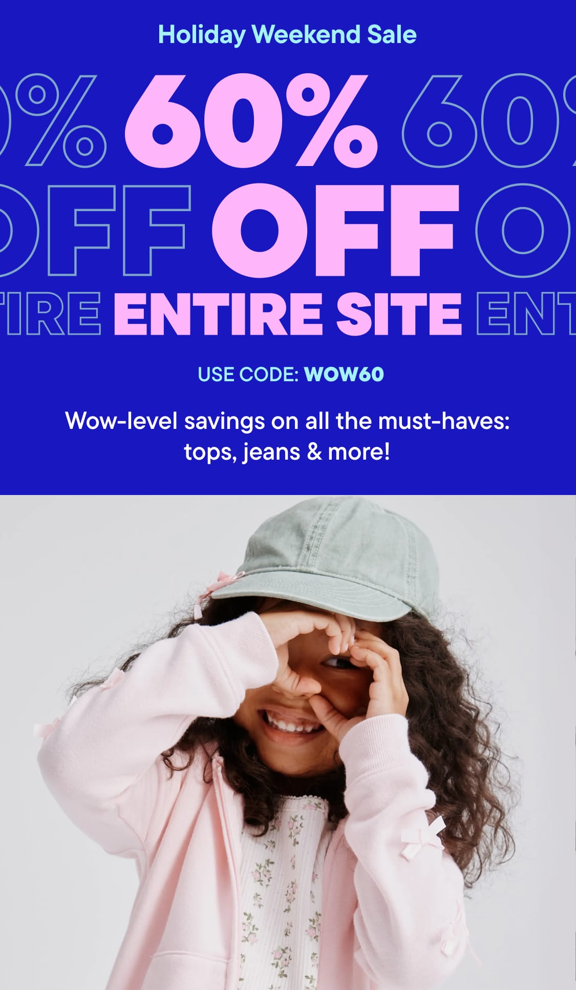 The image features a large promotional banner for a holiday weekend sale, offering 60% off the entire site, with a code displayed. In the background, a young woman wearing a pink hoodie and a baseball cap is smiling and appears to be enjoying the sale.