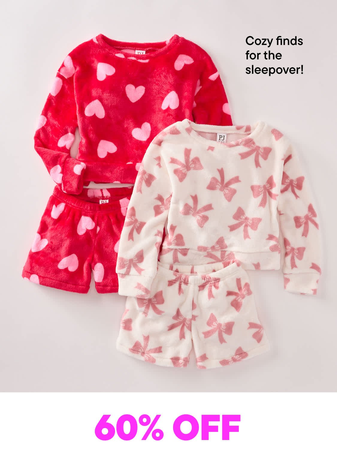 The image shows two cozy pajama sets, one with a red heart pattern and the other with a pink floral design, along with a "60% OFF" promotional text overlaying the image.