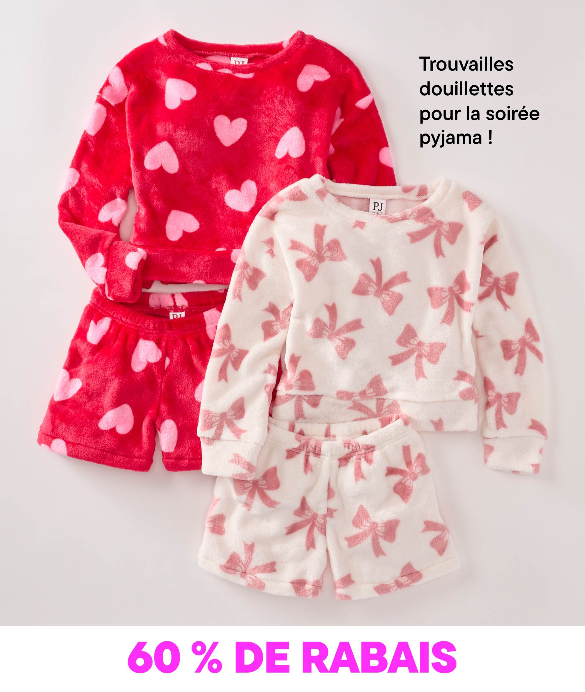 L'image montre deux t-shirts à l'effigie de personnages, l'un représentant l'Incroyable Hulk en rouge pour la Saint-Valentin, et l'autre un personnage de dessin animé rose en blanc, les deux sur fond uni avec une mention « 60 % de réduction » en surimpression.