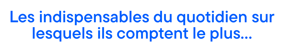 The image displays the text "The everyday must-haves they count on most…" in large blue letters against a white background.