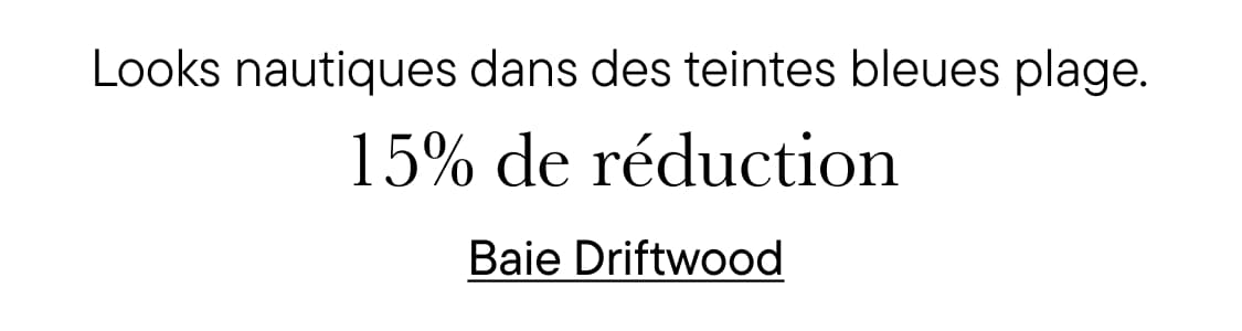 L'image présente une publicité promotionnelle pour des lunettes de soleil d'un bleu plage, offrant une réduction de 25 % chez Driftwood Bay.