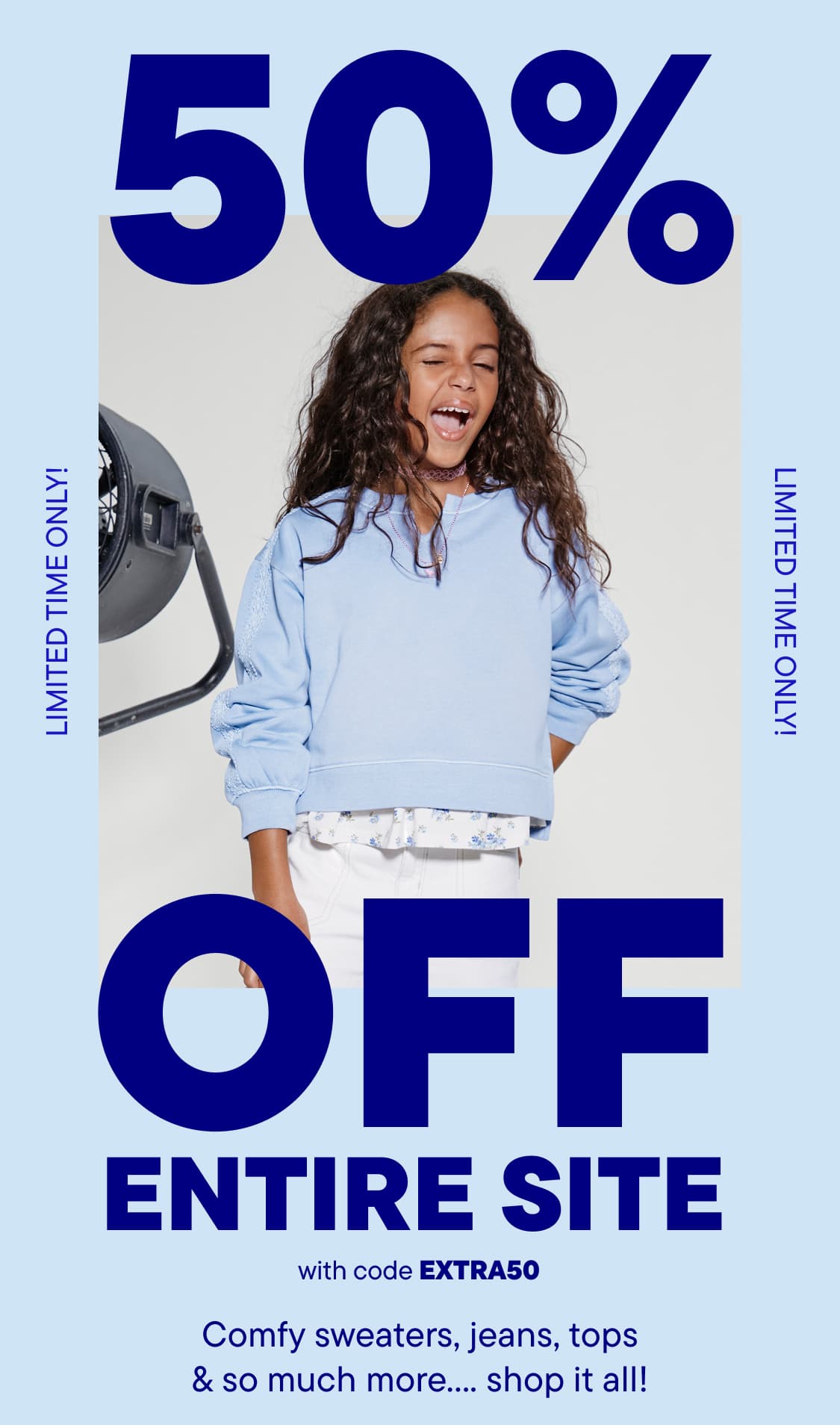 A smiling young woman with curly hair wearing a light blue sweatshirt against a blue background with a large "50% OFF ENTIRE SITE" text.