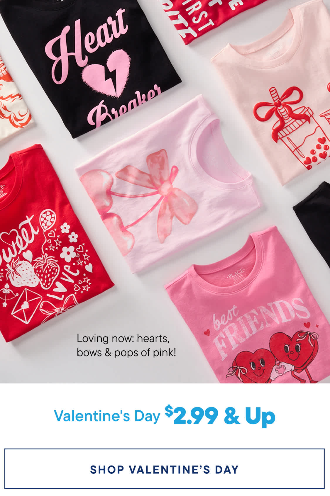 The image displays a variety of Valentine's Day-themed t-shirts and accessories, including pink and red designs with hearts, bows, and other romantic motifs. The background features a promotional banner advertising Valentine's Day t-shirts for $2.99 and up.